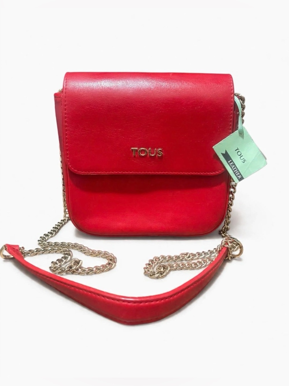 NWT TOUS Red Leather Crossbody Flap Bag Gold Chain Strap Stars Feet